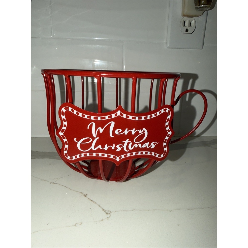 Christmas Coffee Wire Holder Coffee Mug K Cup Metal Storage Basket Red ~ EUC!
